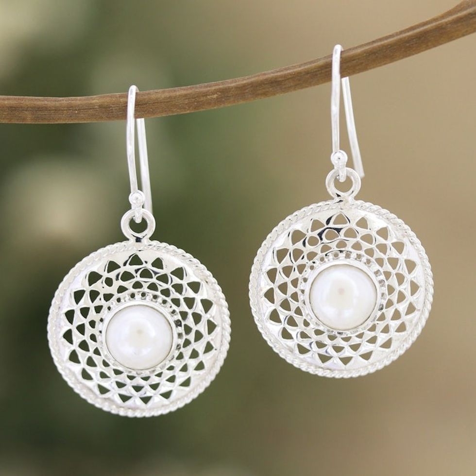 Sterling Silver Dangle Earrings with Cultured Pearls 'Innocence Sun'