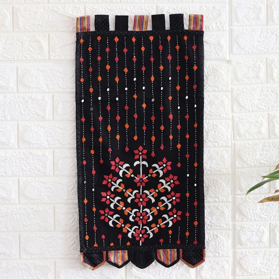 Handmade Embroidered Cotton Floral Wall Hanging from India 'Crimson Spring'