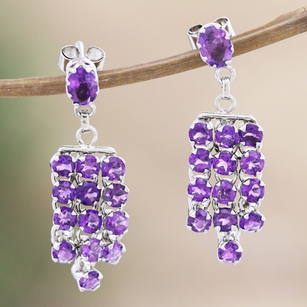 Rhodium-Plated Waterfall Earrings with Faceted Amethyst Gems 'Purple Grandeur'