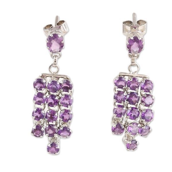 Alternate image for Rhodium-Plated Waterfall Earrings with Faceted Amethyst Gems Purple Grandeur