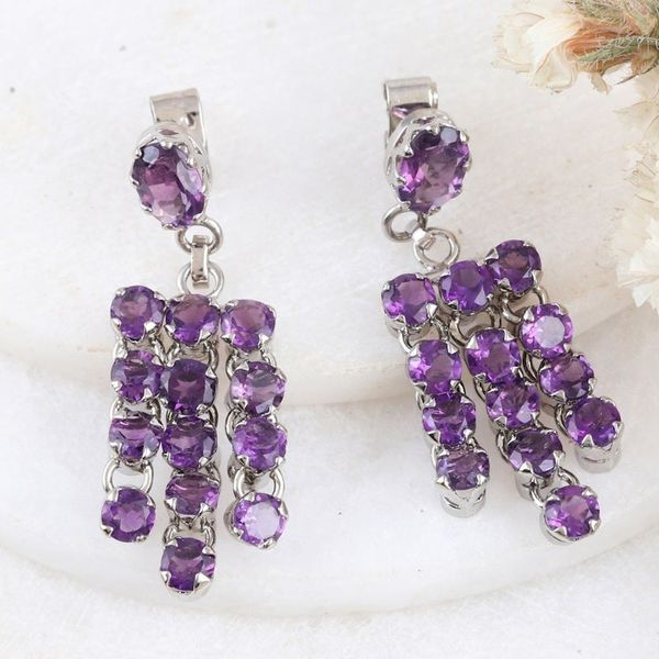 Alternate image for Rhodium-Plated Waterfall Earrings with Faceted Amethyst Gems Purple Grandeur