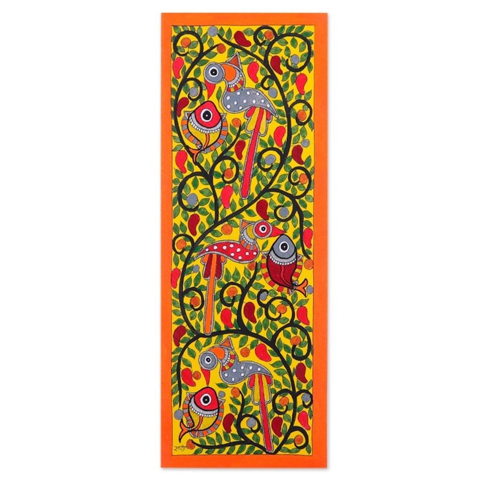 Vegetable Dye Orange Madhubani Painting of Birds and Fish 'Harmonious Dance'