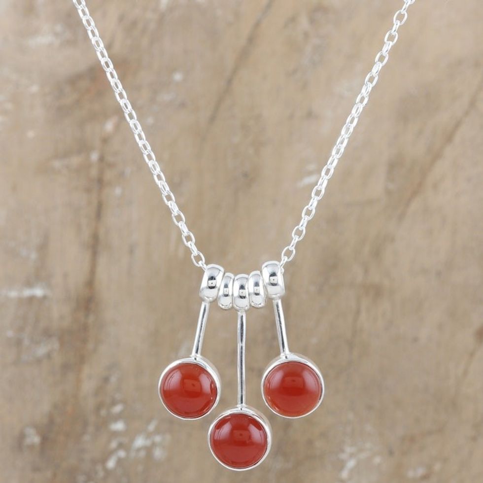 Modern Sterling Silver Pendant Necklace with Carnelian Gems 'Fiery Dangle'