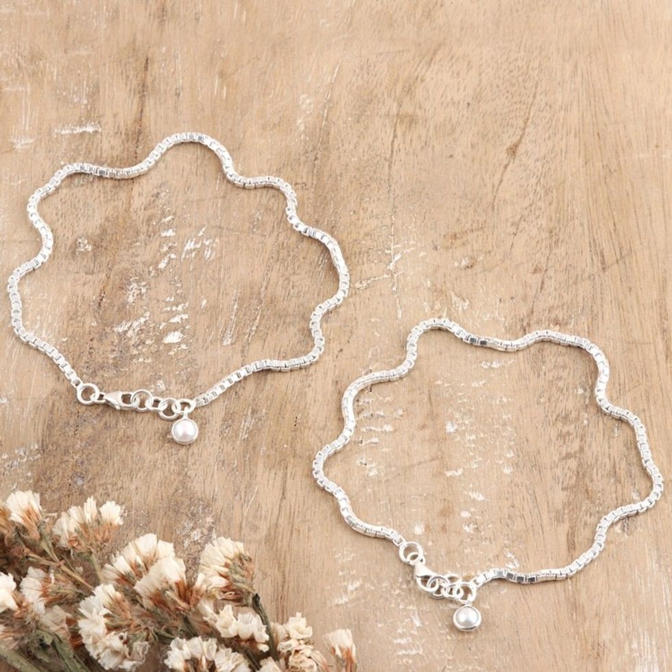Pair of Sterling Silver Anklets with Cultured Pearl Charms 'Radiant Innocence'