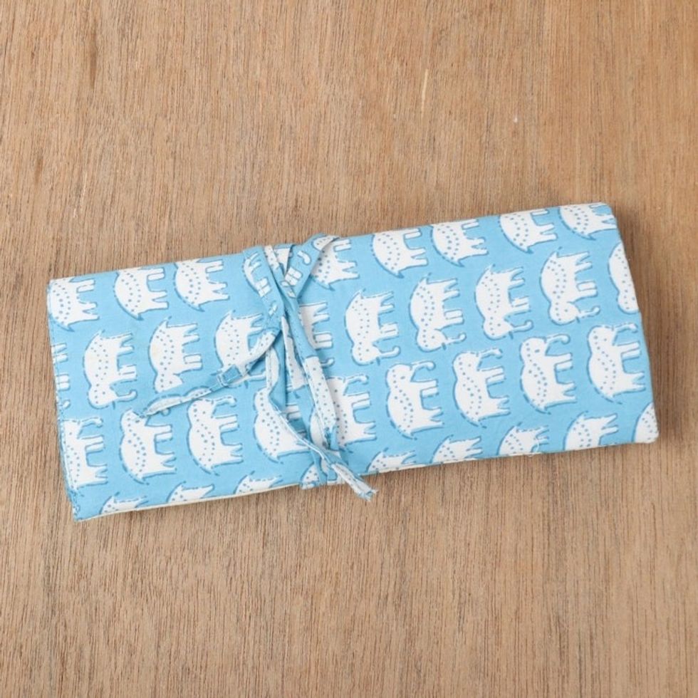 Cotton Roll Pencil Case with Hand-Block Printed Elephants 'Cerulean Wild'