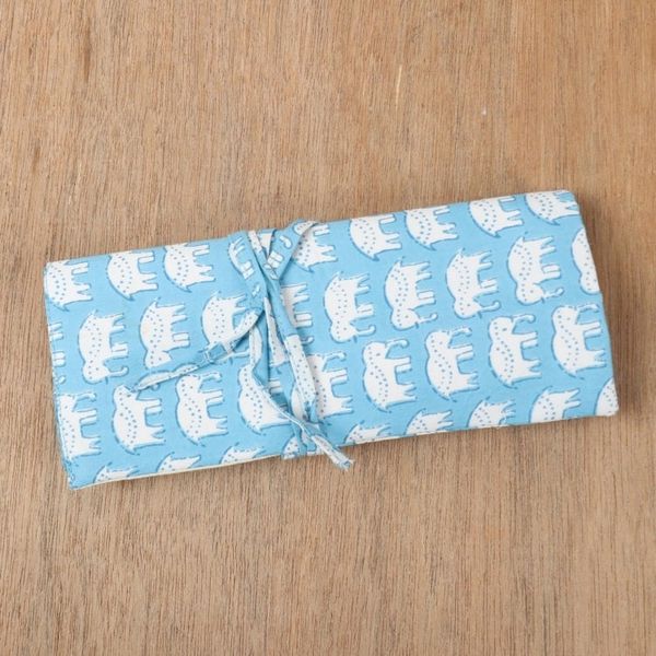 Alternate image for Cotton Roll Pencil Case with Hand-Block Printed Elephants Cerulean Wild