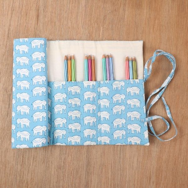 Alternate image for Cotton Roll Pencil Case with Hand-Block Printed Elephants Cerulean Wild