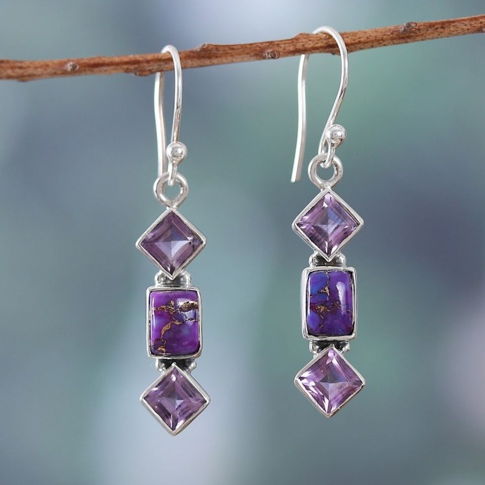 Purple Amethyst and Composite Turquoise Dangle Earrings 'Wise Mystic'