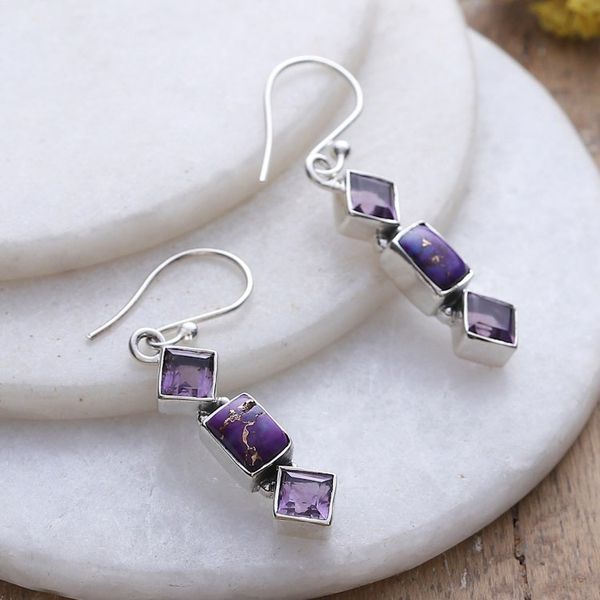 Alternate image for Purple Amethyst and Composite Turquoise Dangle Earrings Wise Mystic
