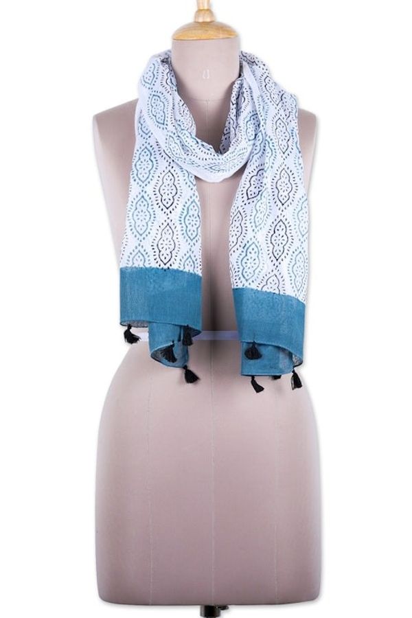 Alternate image for Block-Printed Balsam and White Cotton Scarf with Tassels Balsam Essence