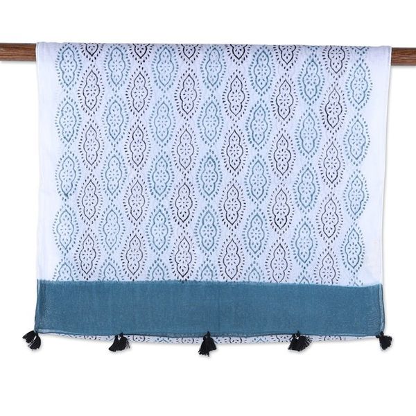 Alternate image for Block-Printed Balsam and White Cotton Scarf with Tassels Balsam Essence