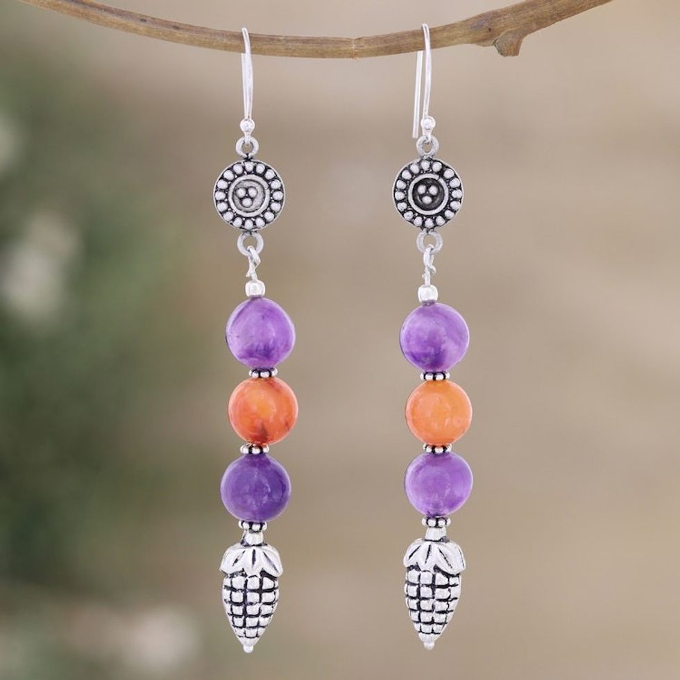 Corn-Themed Dangle Earrings with Carnelian and Amethyst 'Colors of the Fields'