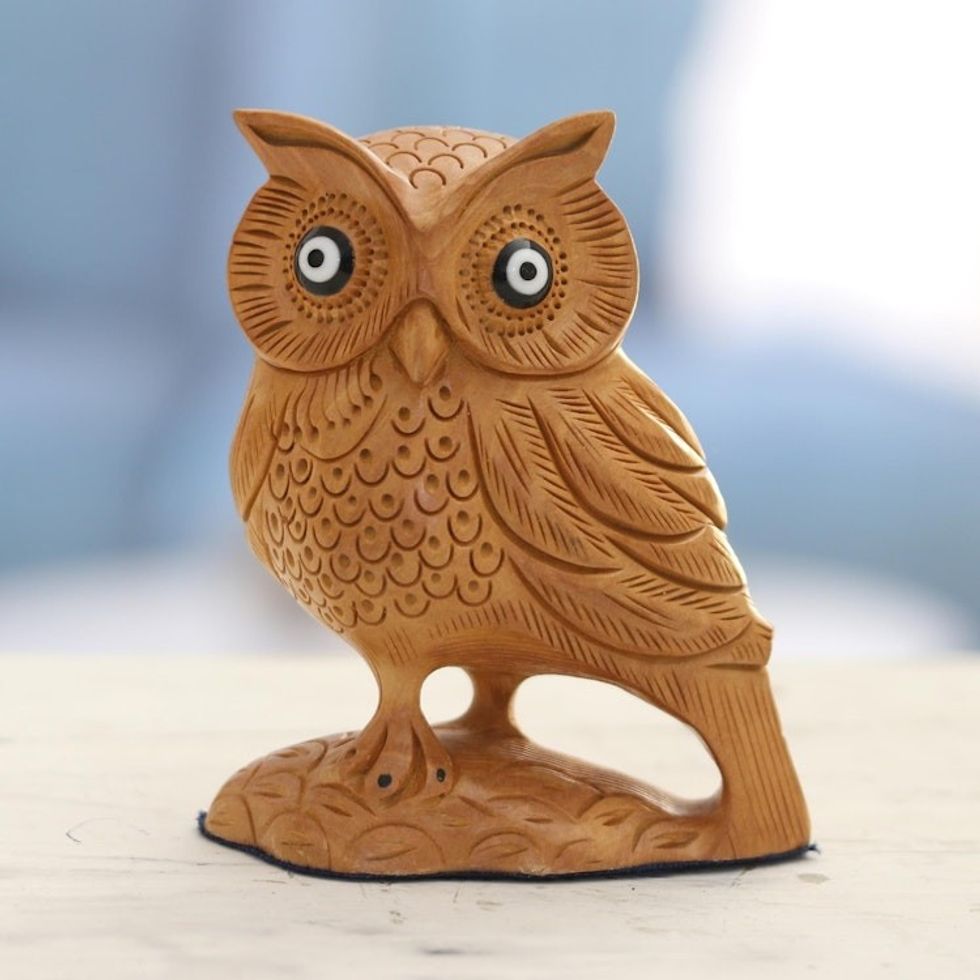 Hand-Carved Wood Figurine of An Owl from India 'Owl Glory'