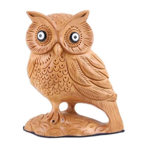Alternate image for Hand-Carved Wood Figurine of An Owl from India Owl Glory
