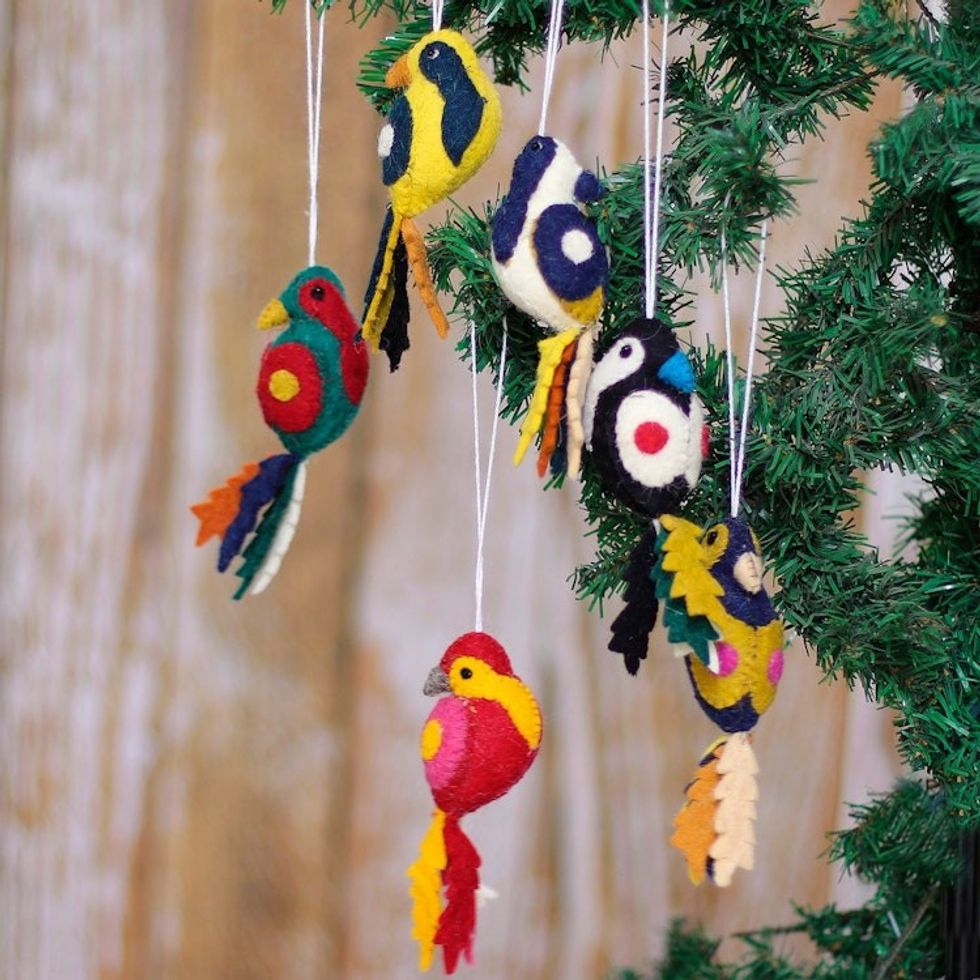 Set of 6 Wool Felt Parakeet Ornaments Handcrafted in India 'Parakeet Greetings'