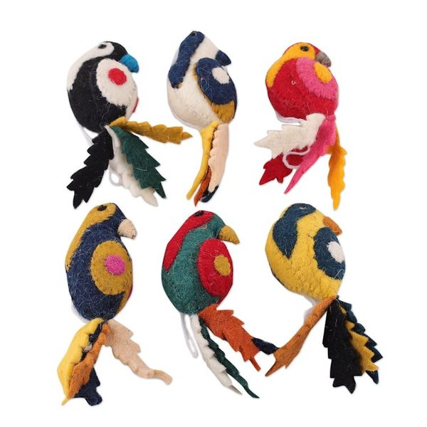 Alternate image for Set of 6 Wool Felt Parakeet Ornaments Handcrafted in India Parakeet Greetings