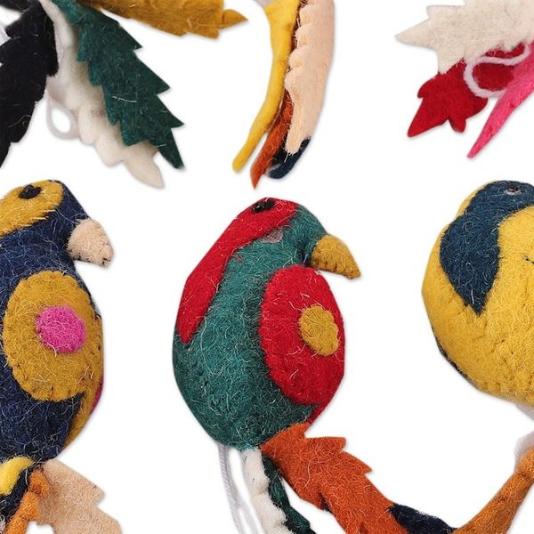 Alternate image for Set of 6 Wool Felt Parakeet Ornaments Handcrafted in India Parakeet Greetings