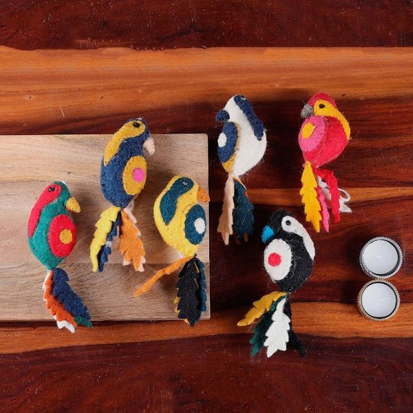 Alternate image for Set of 6 Wool Felt Parakeet Ornaments Handcrafted in India Parakeet Greetings