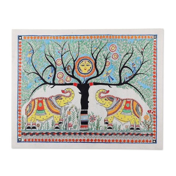 Alternate image for Poster color Watercolor Madhubani Art of Elephant and Tree Elephant Salute
