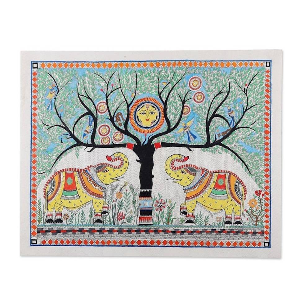 Poster color Watercolor Madhubani Art of Elephant and Tree 'Elephant Salute'