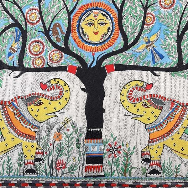 Alternate image for Poster color Watercolor Madhubani Art of Elephant and Tree Elephant Salute