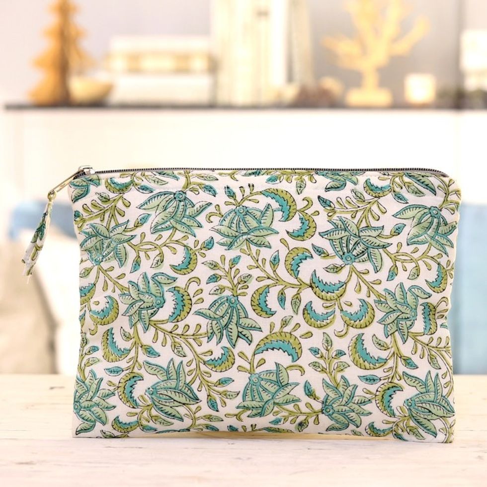 Cotton Cosmetic Bag with Hand-Block Printed Leafs Flowers 'Leafy Friends'