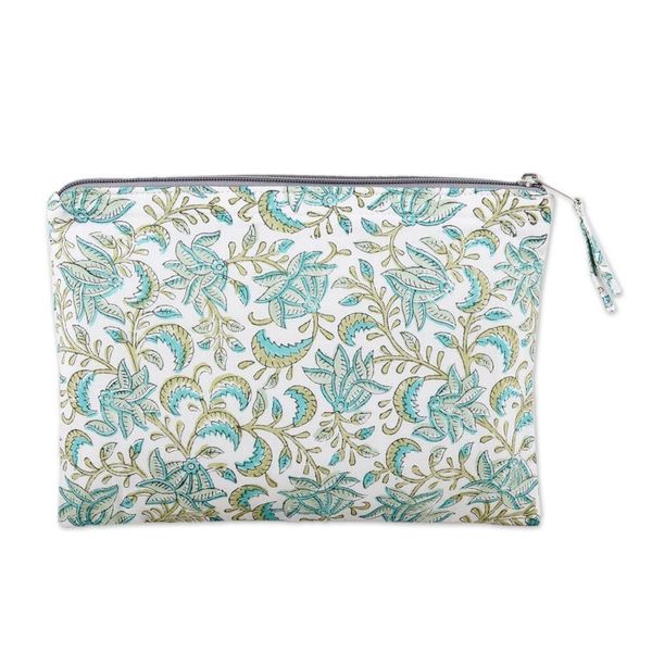 Alternate image for Cotton Cosmetic Bag with Hand-Block Printed Leafs Flowers Leafy Friends