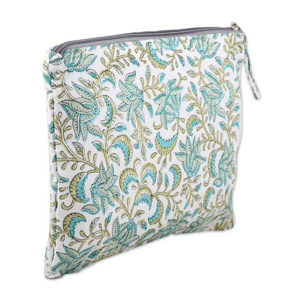 Alternate image for Cotton Cosmetic Bag with Hand-Block Printed Leafs Flowers Leafy Friends
