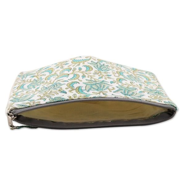 Alternate image for Cotton Cosmetic Bag with Hand-Block Printed Leafs Flowers Leafy Friends