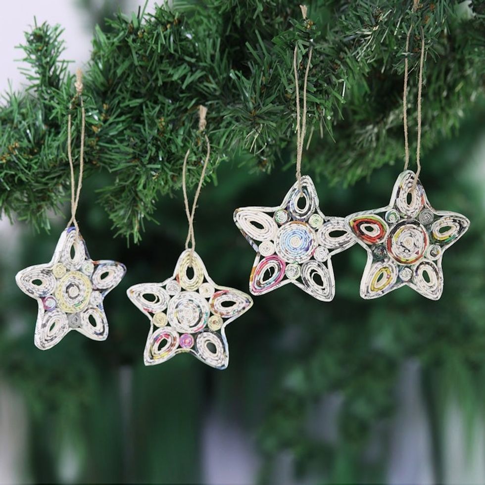 Handmade Eco-friendly Star Ornaments from India Set of 4 'Festive Constellation'