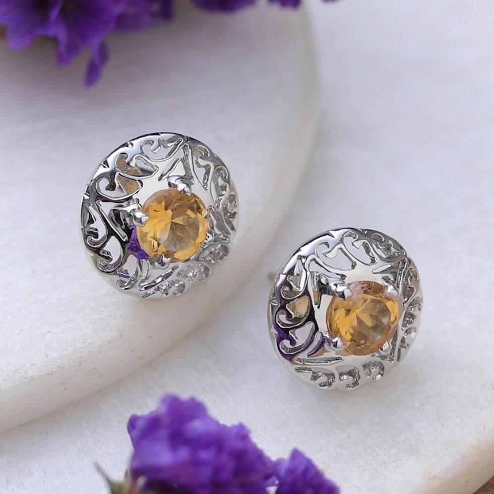 Rhodium-Plated Button Earrings with Citrine Stones 'Success Swirls'