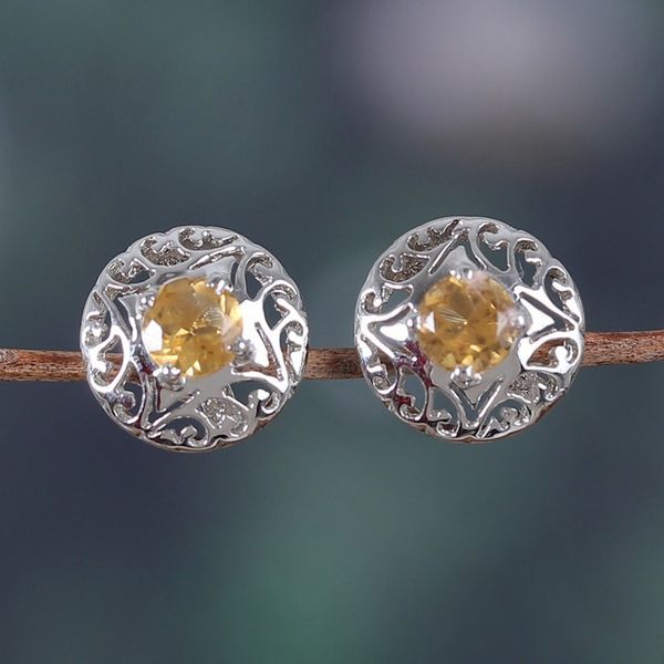 Alternate image for Rhodium-Plated Button Earrings with Citrine Stones Success Swirls