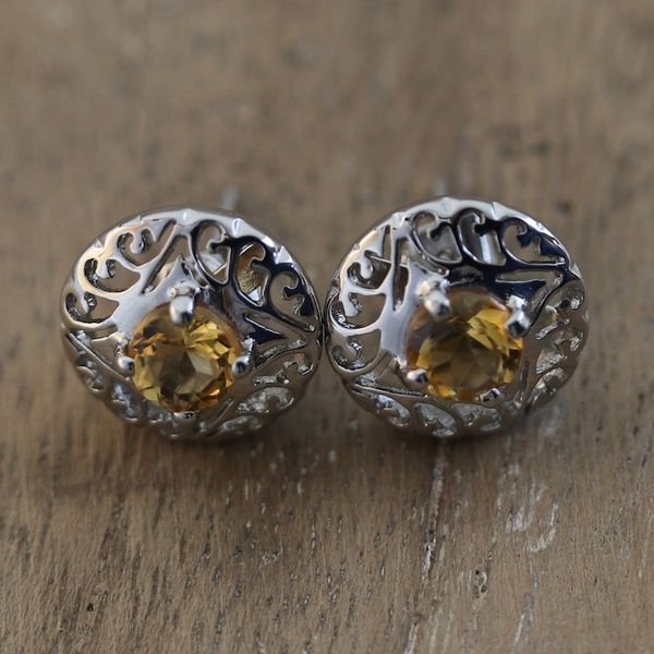 Alternate image for Rhodium-Plated Button Earrings with Citrine Stones Success Swirls