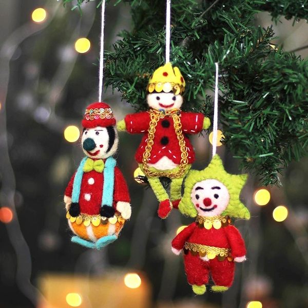 Alternate image for Handcrafted Wool and Cotton Clown Ornaments Set of 3 Festive Jokers