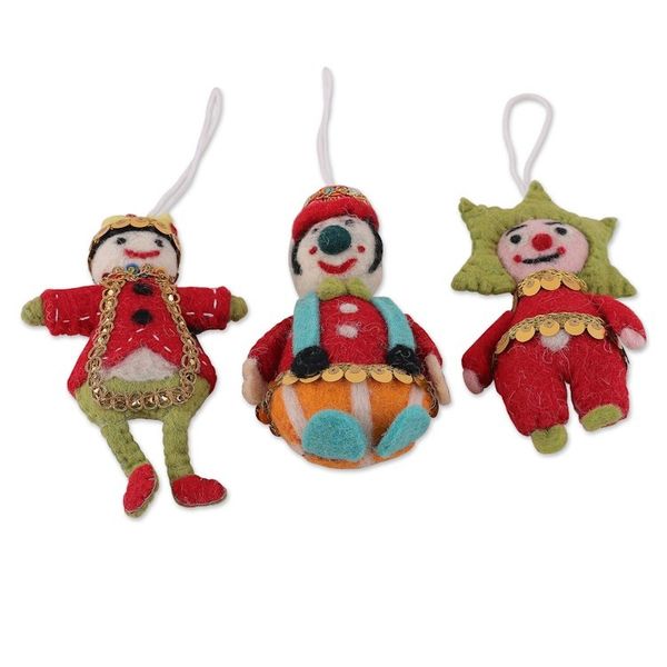 Alternate image for Handcrafted Wool and Cotton Clown Ornaments Set of 3 Festive Jokers
