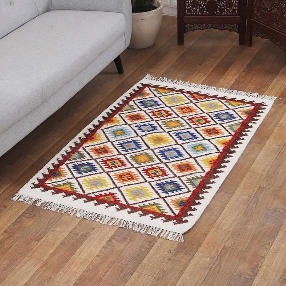 Diamond-Patterned Handloomed Wool Area Rug 3x5 'Starry Kaleidoscope'