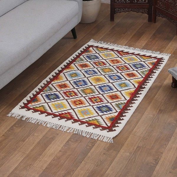 Alternate image for Diamond-Patterned Handloomed Wool Area Rug 3x5 Starry Kaleidoscope