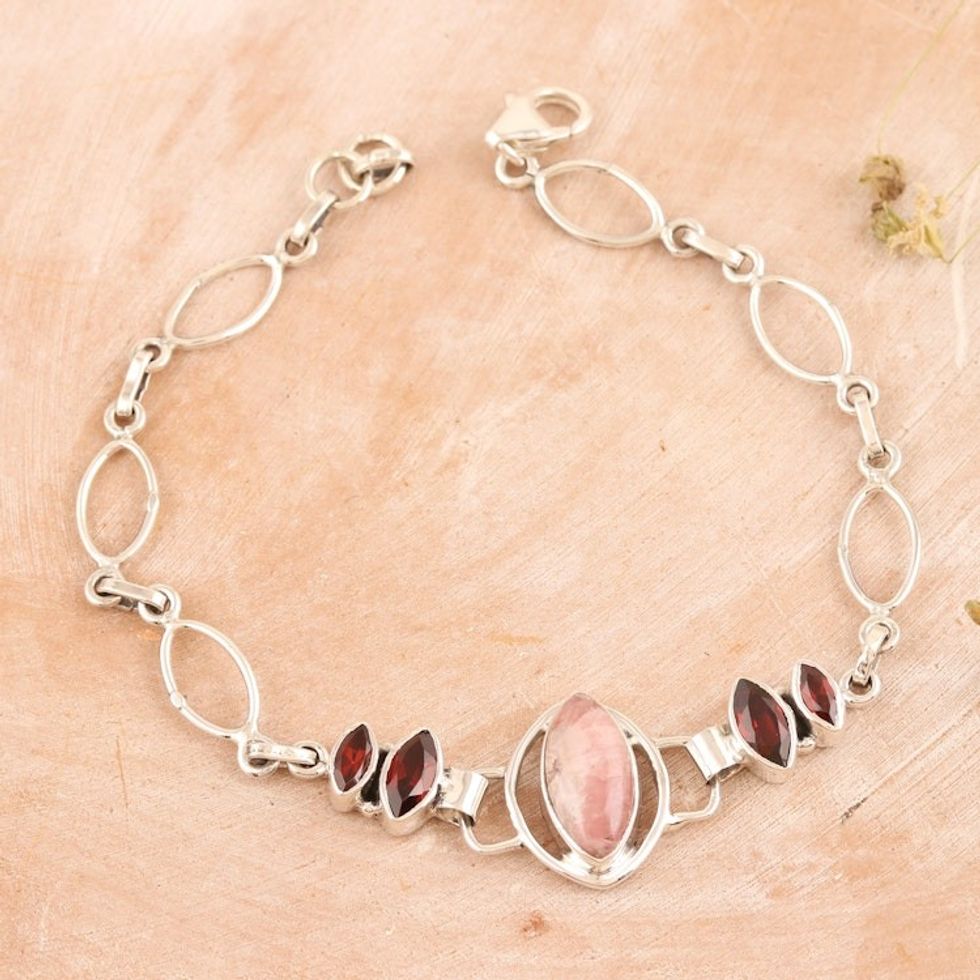 Sterling Silver Rhodochrosite and Garnet Pendant Bracelet 'Romantic Fusion'