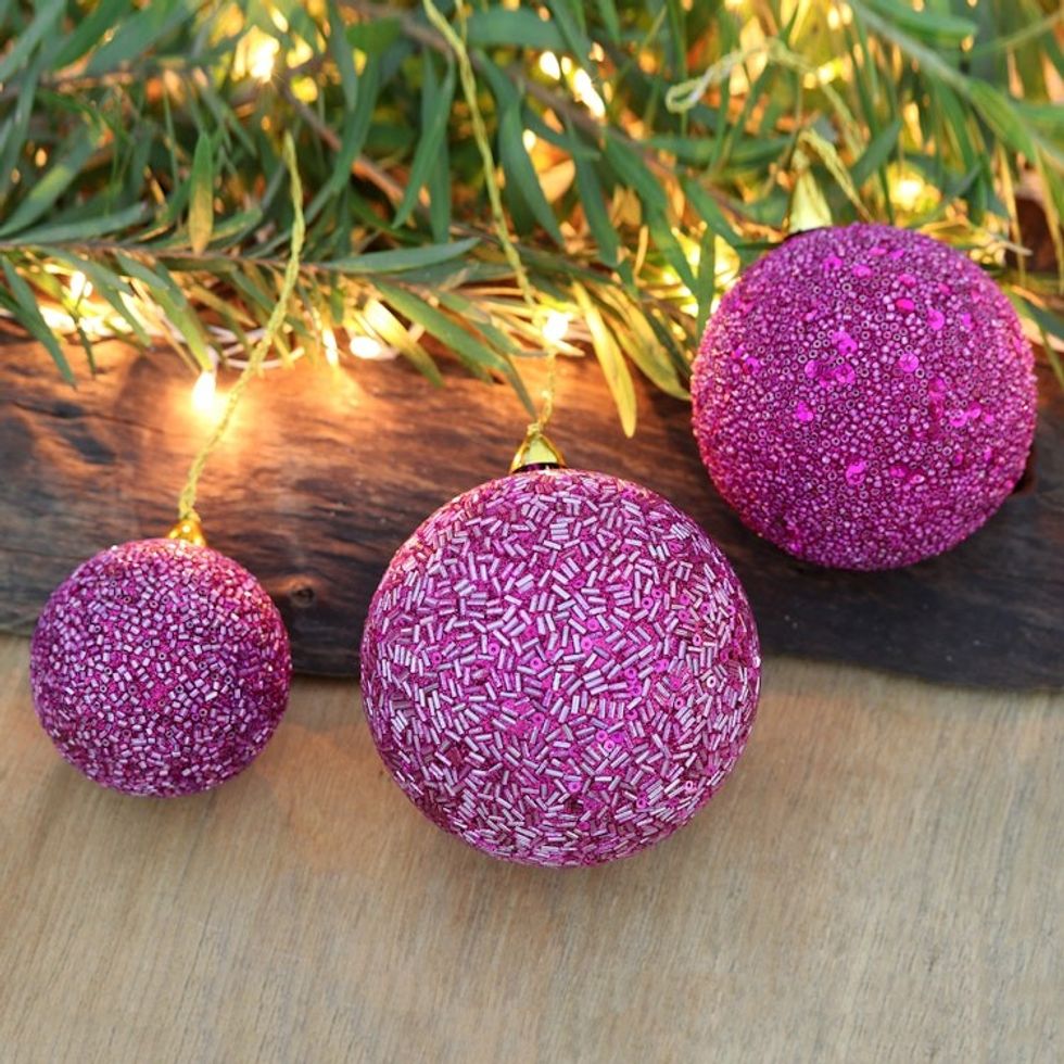 Set of Three Sparkling Beaded Ornaments in a Fuchsia Hue 'Fuchsia Magic'