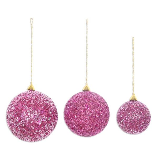 Alternate image for Set of Three Sparkling Beaded Ornaments in a Fuchsia Hue Fuchsia Magic