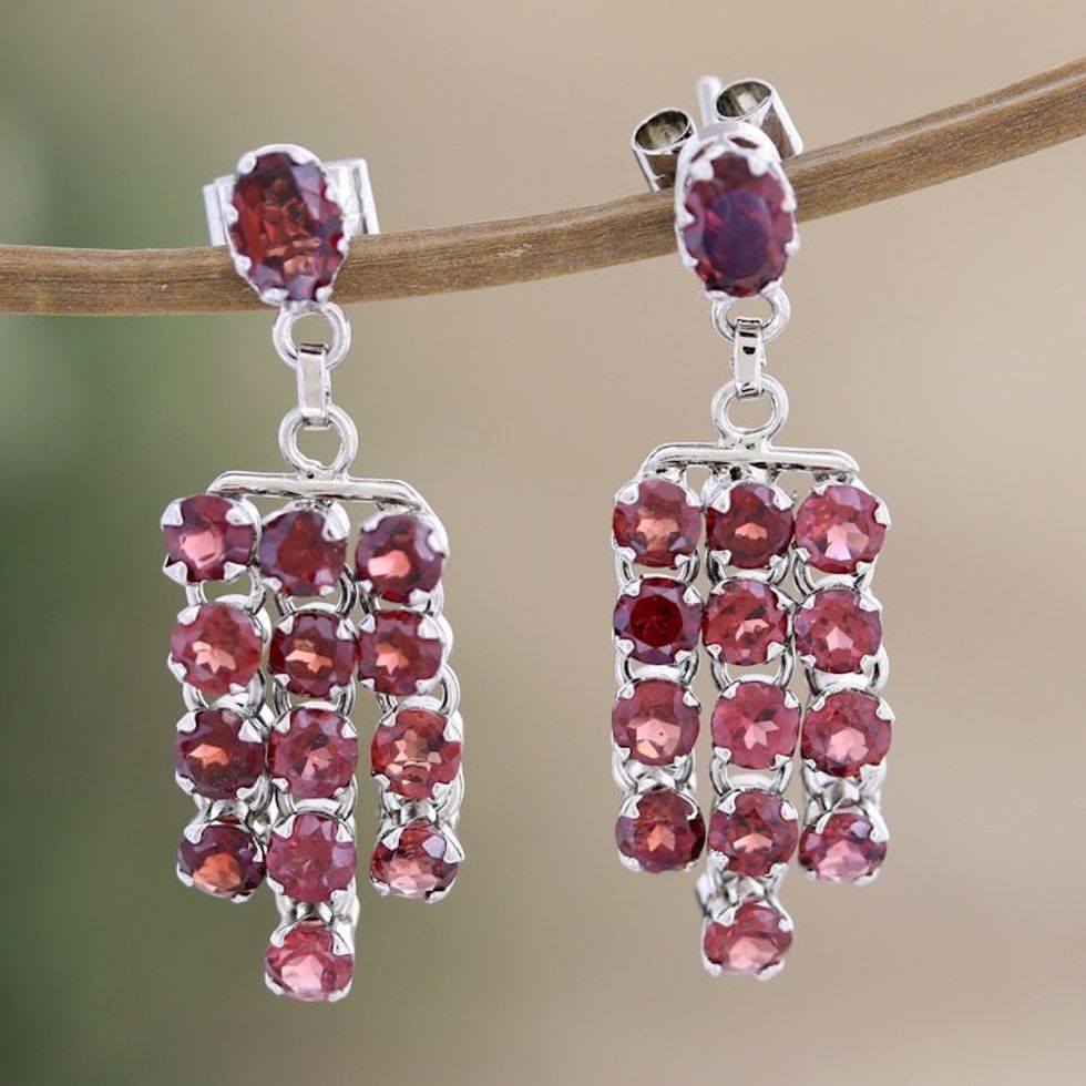 Rhodium-Plated Waterfall Earrings with Faceted Garnet Gems 'Red Grandeur'