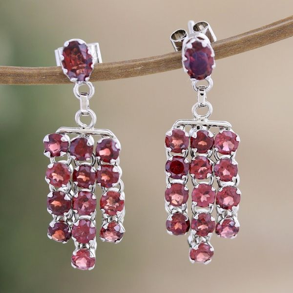 Alternate image for Rhodium-Plated Waterfall Earrings with Faceted Garnet Gems Red Grandeur