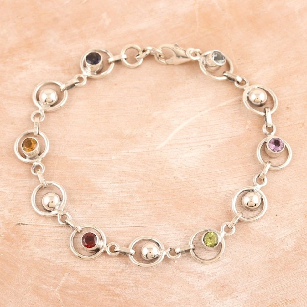 Multi-gemstone Sterling Silver Link Bracelet from India 'Colorful Orbs'