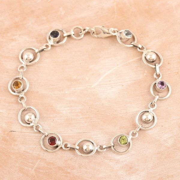 Alternate image for Multi-gemstone Sterling Silver Link Bracelet from India Colorful Orbs