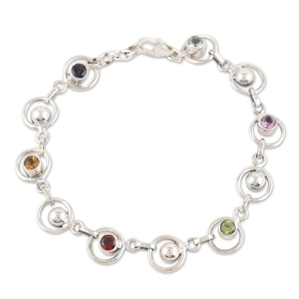Alternate image for Multi-gemstone Sterling Silver Link Bracelet from India Colorful Orbs