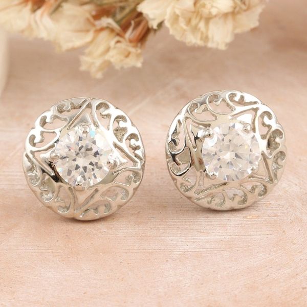 Alternate image for Rhodium-Plated Button Earrings with Cubic Zirconia Stones Radiant Swirl