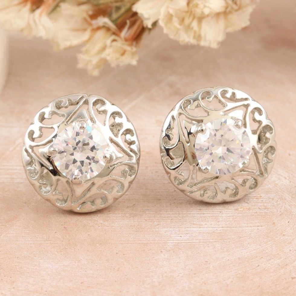 Rhodium-Plated Button Earrings with Cubic Zirconia Stones 'Radiant Swirl'