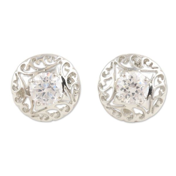 Alternate image for Rhodium-Plated Button Earrings with Cubic Zirconia Stones Radiant Swirl