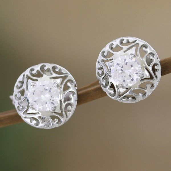 Alternate image for Rhodium-Plated Button Earrings with Cubic Zirconia Stones Radiant Swirl