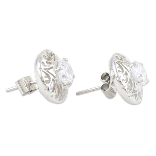 Alternate image for Rhodium-Plated Button Earrings with Cubic Zirconia Stones Radiant Swirl